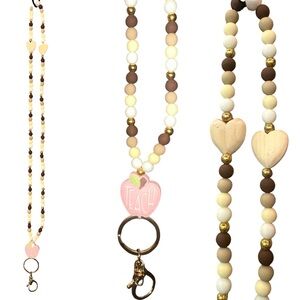Teacher Apple Wooden Heart Cream Brown Soft Silicone Beaded Teaching Lanyard